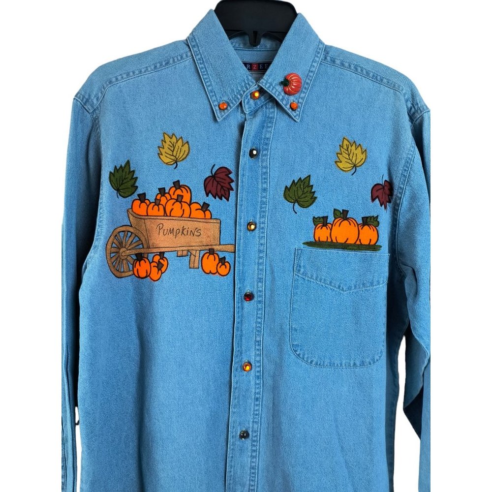 VTG Jerzees Button Up Pumpkin HALLOWEEN Patch Embroidered Denim Shirt S - Picture 3 of 10